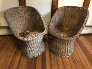 Pair 2 Vintage Wicker Rattan Egg Chairs Pod Scoop Mid Century