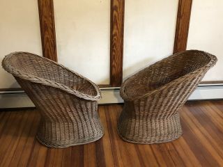 Pair 2 Vintage Wicker Rattan Egg Chairs Pod Scoop Mid Century 2