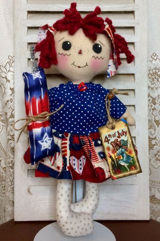 Primitive Raggedy Ann Doll Patriotic " Firecracker Annie " Shelf Sitter Ornie 14 "