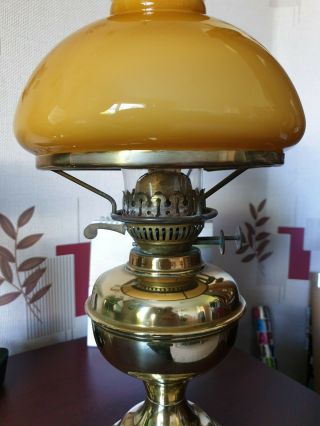 vintage brass oil lamp with glass shade & glass chimney,  made by duplex england. 2