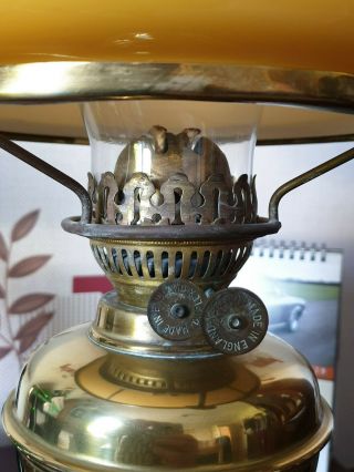 vintage brass oil lamp with glass shade & glass chimney,  made by duplex england. 3