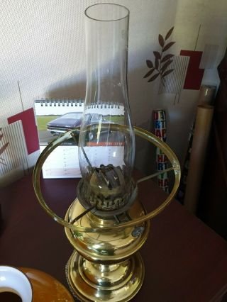 vintage brass oil lamp with glass shade & glass chimney,  made by duplex england. 5