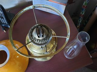 vintage brass oil lamp with glass shade & glass chimney,  made by duplex england. 7