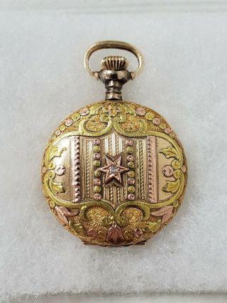 Waltham Pocket Watch Tricolor With Stone 14k Gold Filled 1907 Hunter.