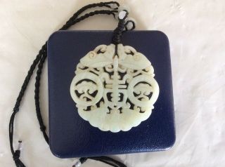 Vintage Chinese Carved Jade/stone ‘lucky Fu & Bats’ Pendant.