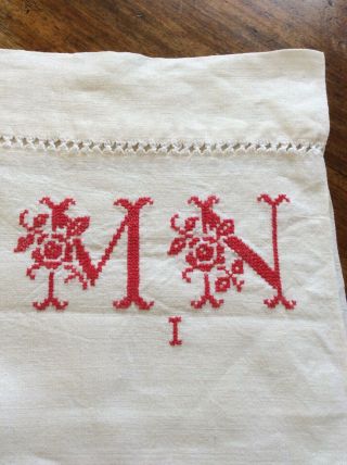 Vintage French Hand Loomed Linen Sheet With Cross Stitch Initials
