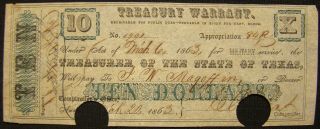1863 Dated $10.  00 Texas Treasury Warrant For " J.  W.  Magoffin 