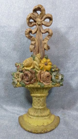 Antique Large " Mixed Flowers In Wicker Basket With Bow " Cast Iron Door Stop