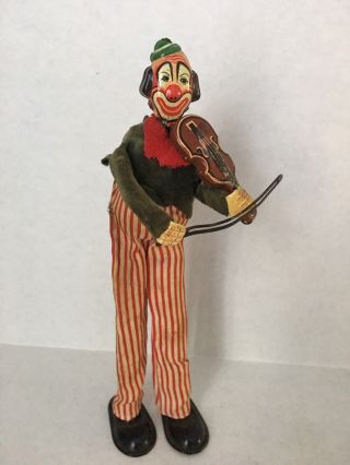 Vintage Tps Wind Up Litho Tin Clown Playing Violin Toy Collectible