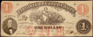 1862 Dated $1.  00 Virginia Treasury Note (richmond) Uncirculated.  Confederate