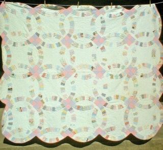 Antique Vintage 1920s/30s Feedsack Double Wedding Ring Patchwork Quilt Wow