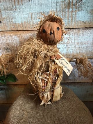 Primitive Grungy Pumpkin Scarecrow Doll Sitter Corn Burlap Grungy Feedsack