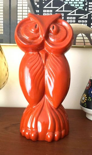 Large Cute Orange Ceramic Owl Jaru Mid Century Modern Lava Glaze