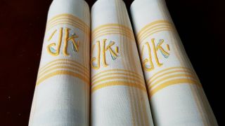 5 Vintage French Linen Summer Napkins - Tea Towels,  Hand Monogrammed Monogram Jk