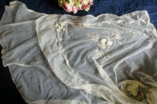 Antique Embroidered Net Lace Dress/skirt Panel Flounce 72 " X40 " Bridal Repurpose
