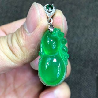 Chinese Handwork S925 Silver & Green Jadeite Jade Gourd Collectible Rare Pendant