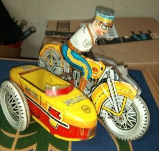 Vintage Marx Usa Rookie Cop Police Motorcycle With Side Cart Windup Tin Toy