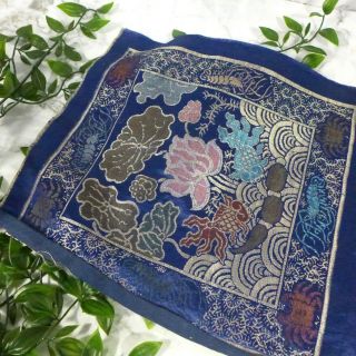 Antique Chinese Blue Silk Hand Woven Embroidered Floral Textile for Pillowcase 2