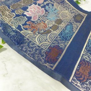 Antique Chinese Blue Silk Hand Woven Embroidered Floral Textile for Pillowcase 4
