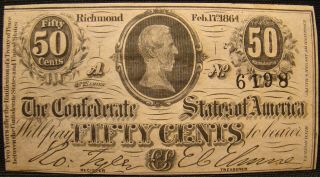 1864 Confederate.  50 Cent Note From Va.  Estate.  Uncirculated.  Civil War.