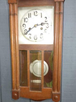 Vintage Antique Pillar Wall Clock 24 In Walnut Wood W/key Beveled Glass