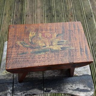 Antique Small Wooden Foot Stool With Flower Butterflies And Insects Design