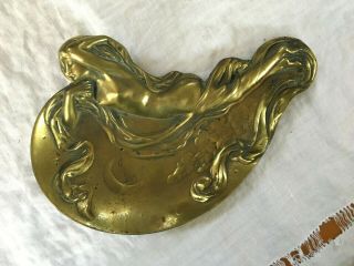 Brass Art Nouveau Card Tray Tip Tray Woman Moon Clouds