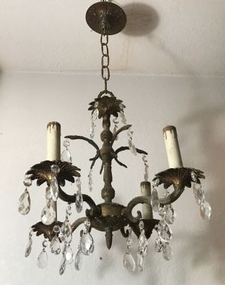 Antique Brass Plated Four Arm Smaller Glass Prism Ceiling Light Chandelier
