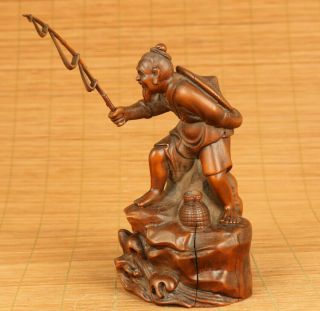 Chinese Old Boxwood Handcarved Fisherman Angling Statue Figure Table Decoration