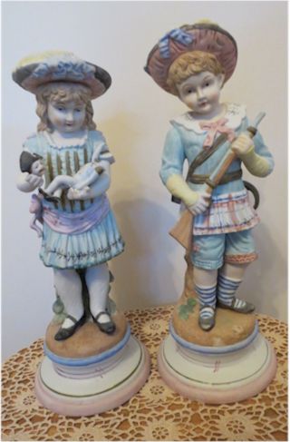 Vintage Victorian Bisque Porcelain Figurines Boy & Girl 16 " Pastels