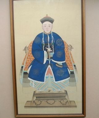 Old Vintage Chinese Silk Painted Ancestor Portrait Robed Lady Seated Painting