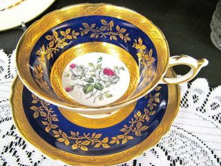 Paragon Tea Cup And Saucer Cobalt Blue Gold Etched & Roses Teacup Wide Mouth