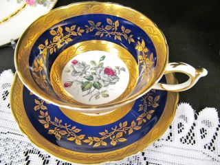 PARAGON tea cup and saucer Cobalt blue gold etched & roses teacup wide mouth 2
