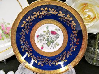 PARAGON tea cup and saucer Cobalt blue gold etched & roses teacup wide mouth 3