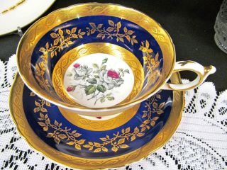 PARAGON tea cup and saucer Cobalt blue gold etched & roses teacup wide mouth 4