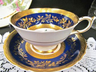 PARAGON tea cup and saucer Cobalt blue gold etched & roses teacup wide mouth 6