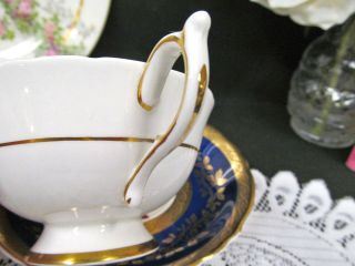 PARAGON tea cup and saucer Cobalt blue gold etched & roses teacup wide mouth 7