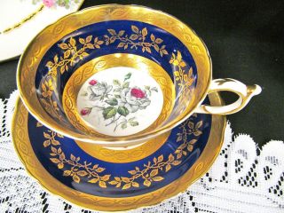 PARAGON tea cup and saucer Cobalt blue gold etched & roses teacup wide mouth 8