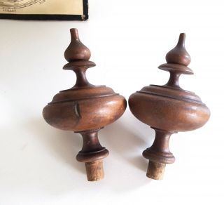 2 Antique Turned Wood Post Finial End Cap Topper Architectural Furniture 4.  61