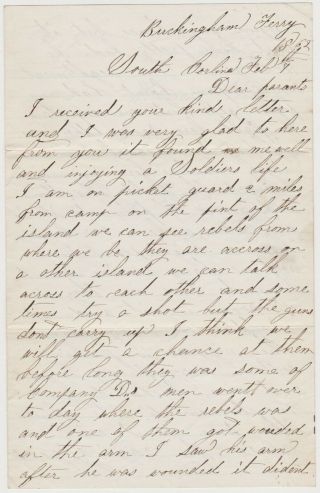 1862 Civil War Soldier Letter - Buckingham Ferry Sc - Warner Button 45th Pa Regt