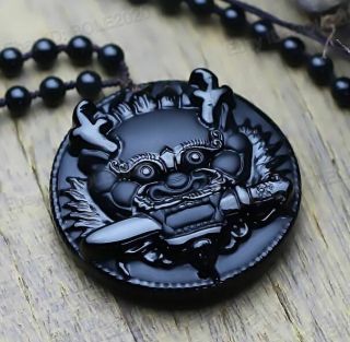 Natural Black Obsidian Hand Carved Dragon Head Lucky Amulet Pendant Necklace