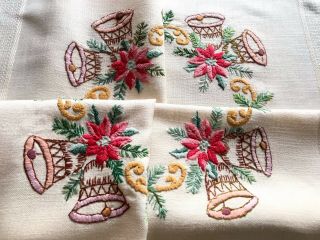 Vintage Hand Embroidered Cream Cotton Christmas Table Cloth 34x35 Inches
