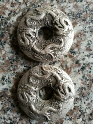 Chinese Old Tibet Silver Coin Carved Double Dragon