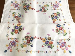 Vintage Hand Embroidered White Linen Tablecloth 32x33 Inches