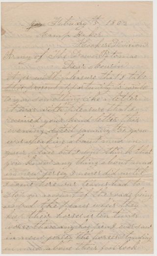 1862 Civil War Soldier Letter - Camp Baker Md Hooker 