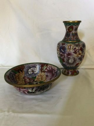 Vintage Chinese Oriental Cloisonne Vase And Bowl
