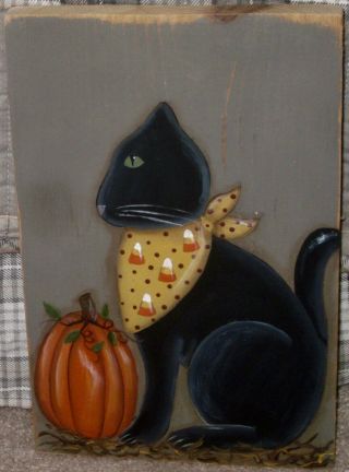 Primitive Hp Folk Art Prim Black Cat Pumpkin Fall Reclaimed Wood
