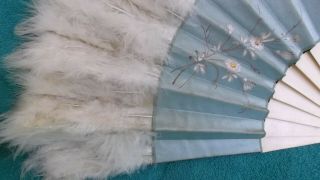 Antique Folding Hand Painted Fan Bakelite Feathers Blue Floral Box VTG 3
