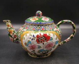 A set Collectible Handmade Brass Cloisonne Enamel Teapot Cup Flower 2