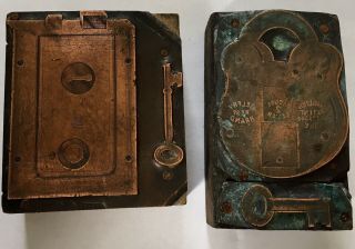 Two Antique Copper Etched Printing Blocks Lock Key Padlock Door Print Printer